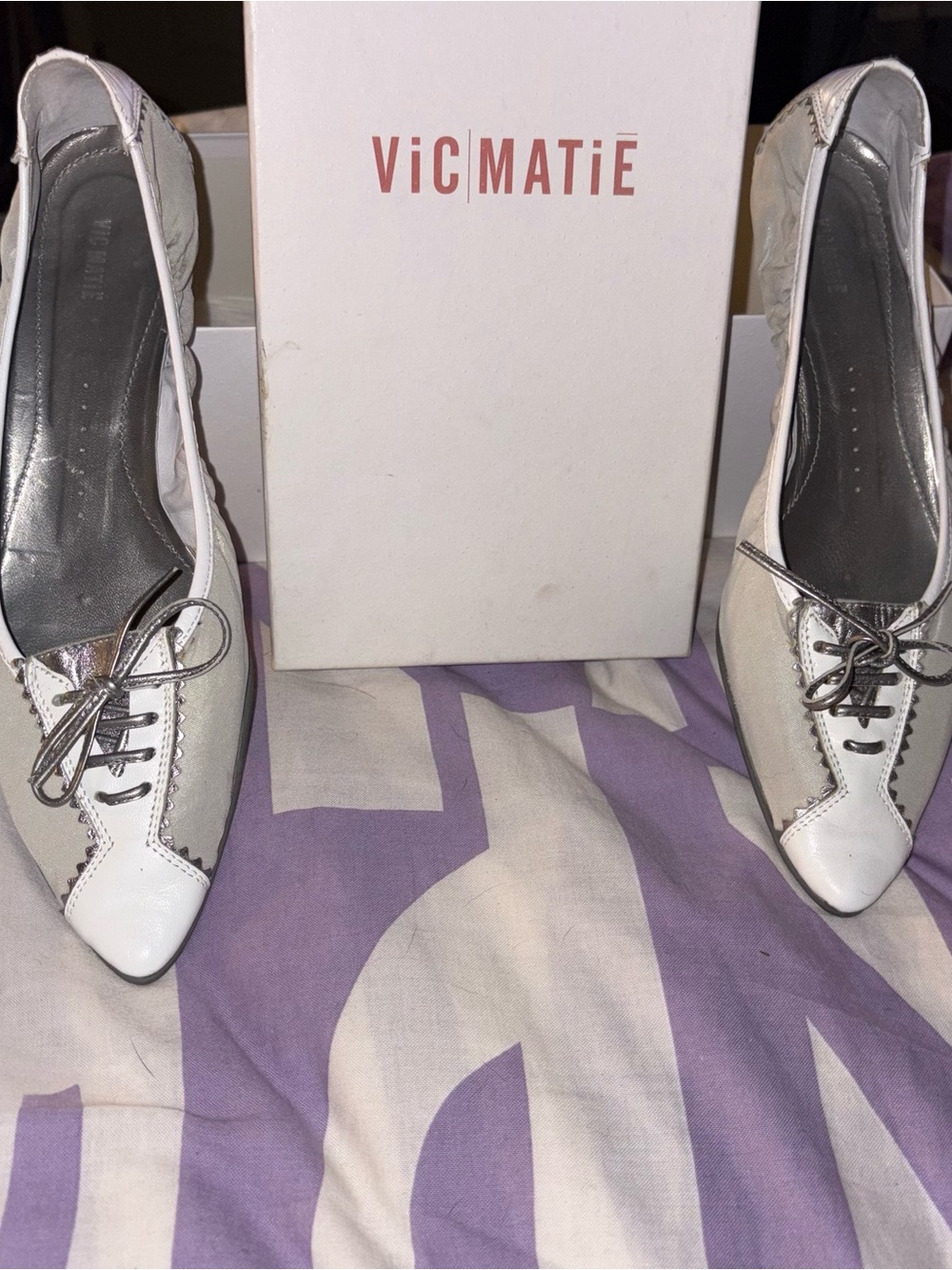 Vic Matie White Leather flats with a tiny bit of a heel with Silver Accent